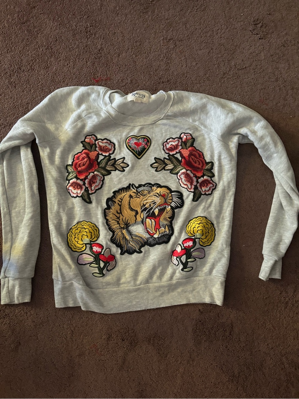 Gray Sweatshirt with Embroidered Tiger & Floral Motif